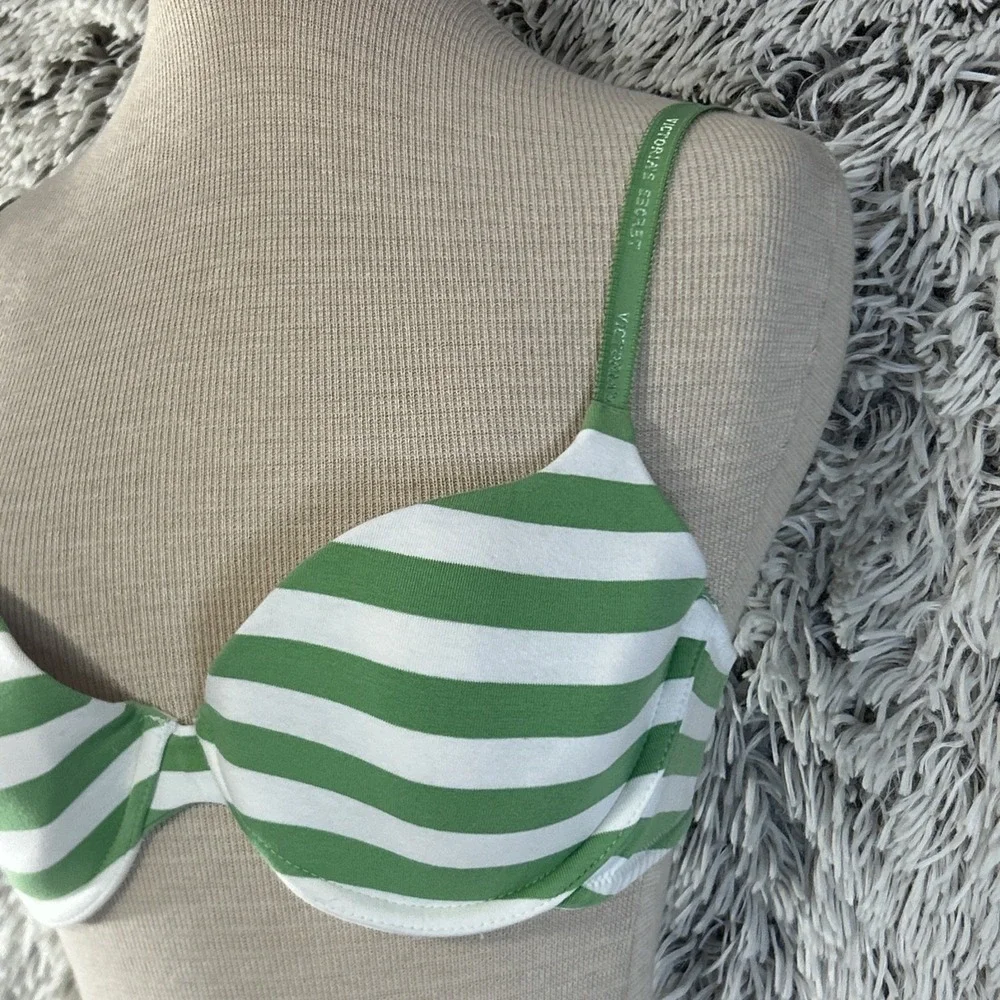 Victoria's Secret Green White Striped Lined Demi Cotton Underwire Bra 36C‎ VS